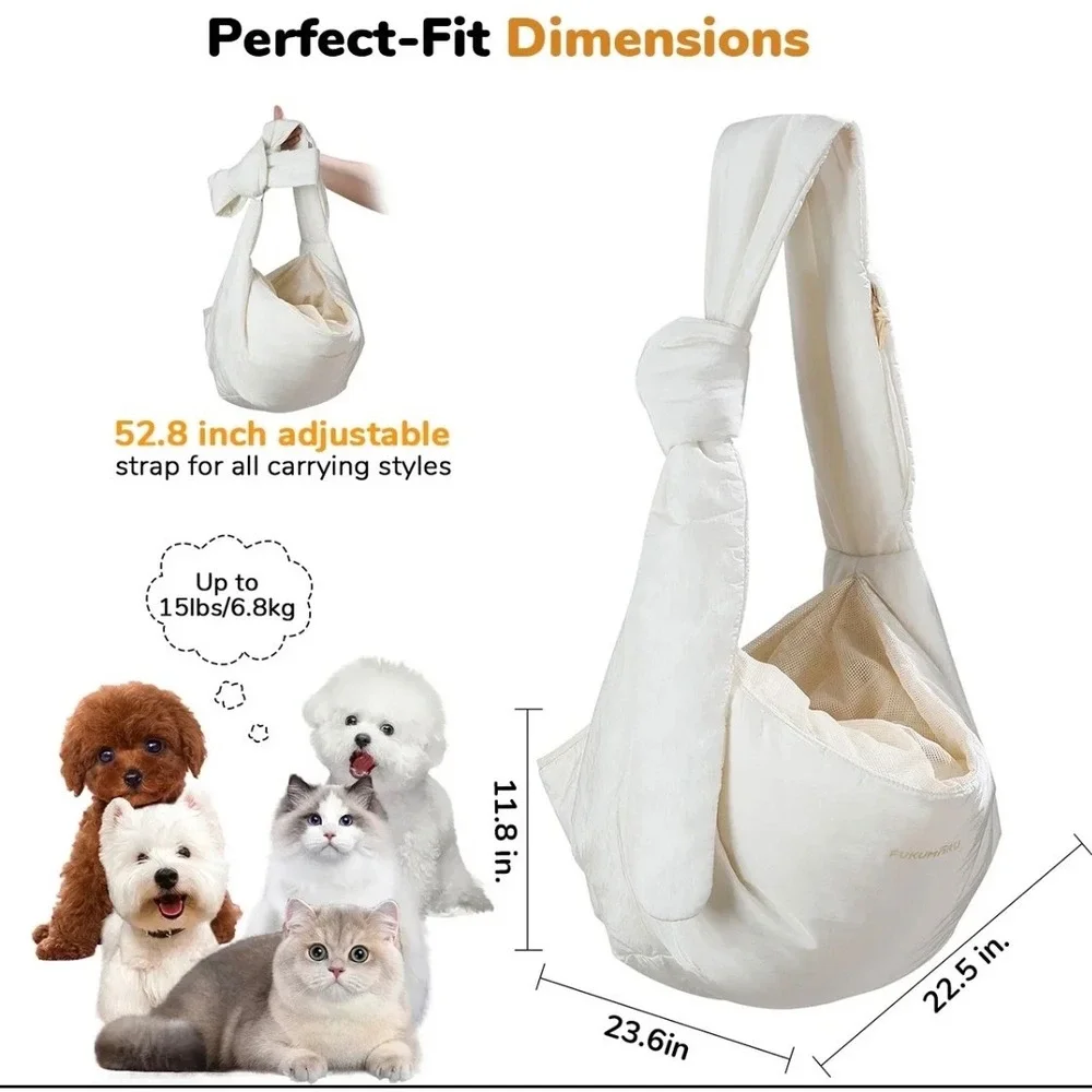 FUKUMARU Dog Carrier Sling Small Pet Travel Bag Cream Adjustable 15lb Capacity